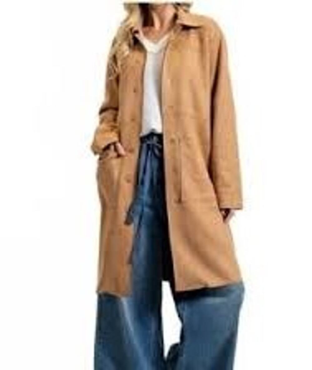 NWT Easel Faux Suede Camel Long Button Front Trench Coat S